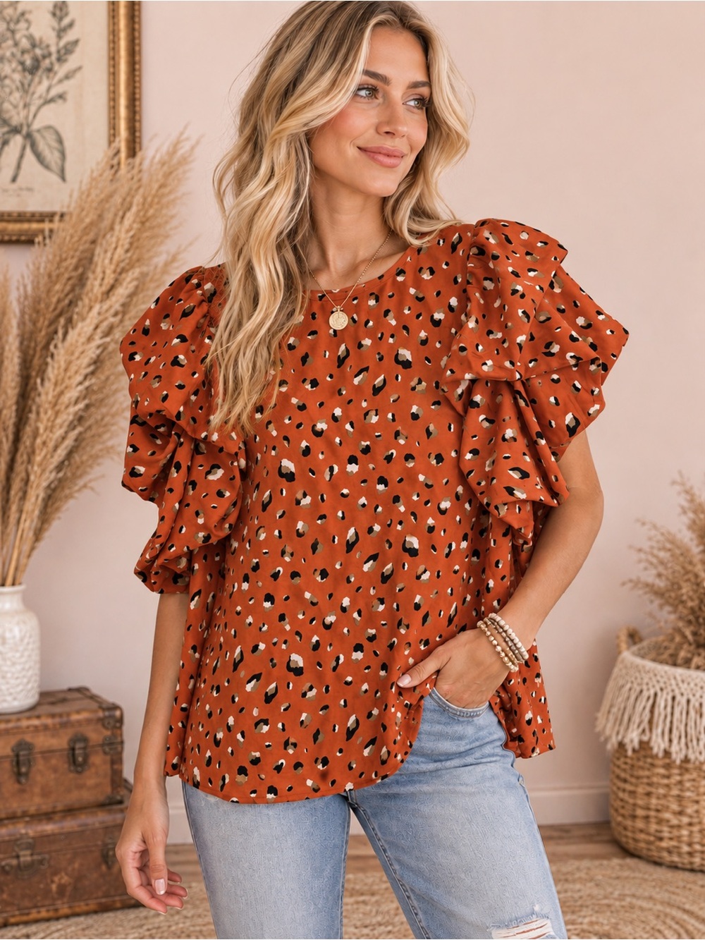 THML Rust Animal Print Ruffle-Sleeve Blouse